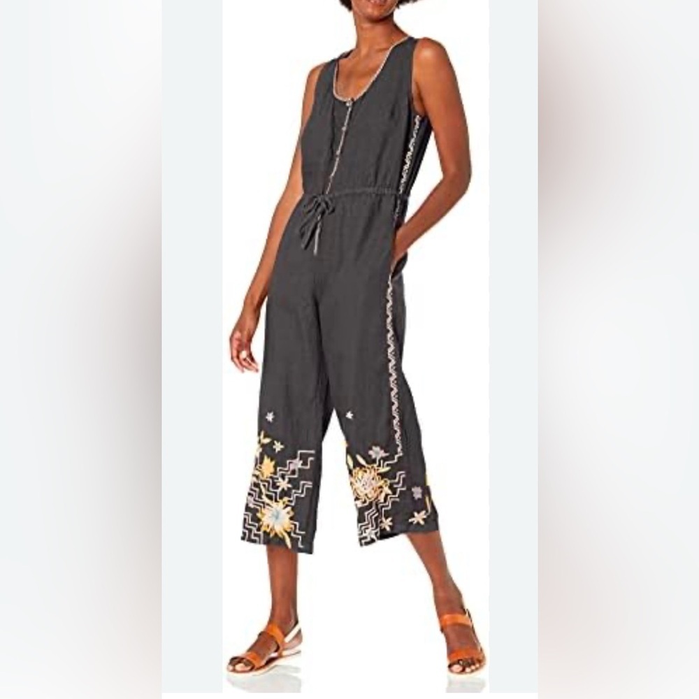 Johnny Was Elia Embroidered Linen Tie Waist Jumpsuit Gray Size Small - Picture 7 of 7